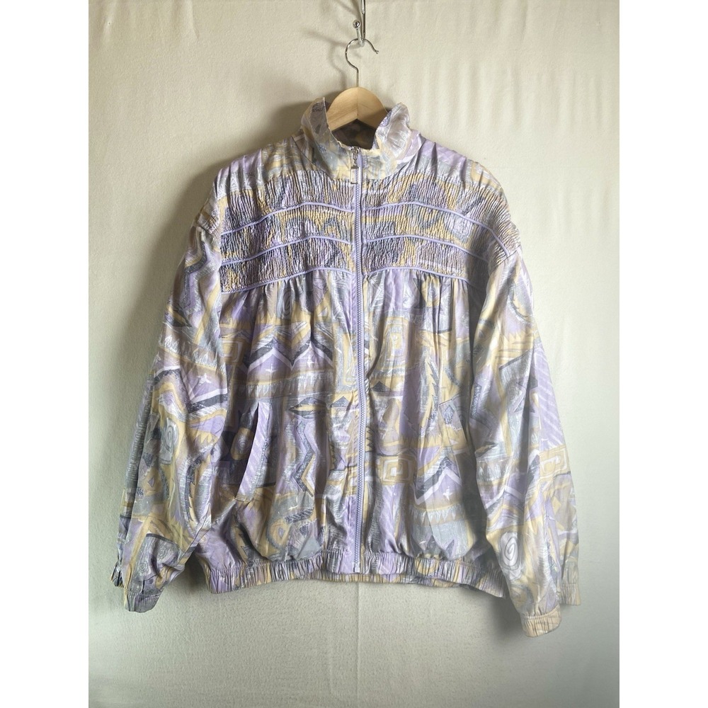Vintage Windbreaker Jacket XL Pastel 90s Smocked Lightweight Zip Retro
